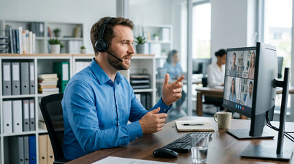 Fototapeta premium Man with headset in video conference, remote work concept, showcasing collaboration and communication in a modern office setting with blurred colleagues in background