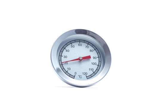 Bimetallic stainless steel dial thermometer isolated on white background. Analog temperature gauge, industrial measurement tool, heating system control and HVAC equipment concept.
