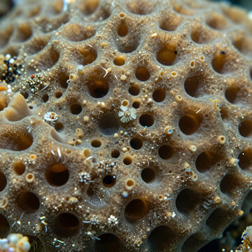 Porous marine sponge surface with organic cavities in macro