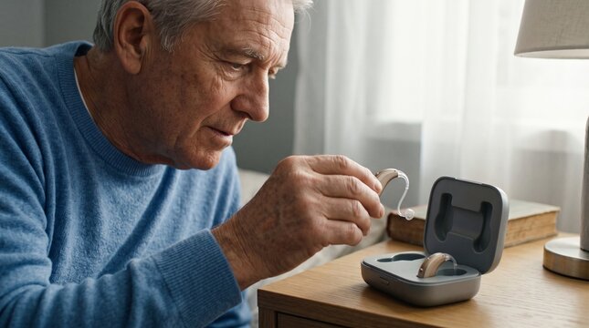 Senior man placing a hearing aid into its charging case