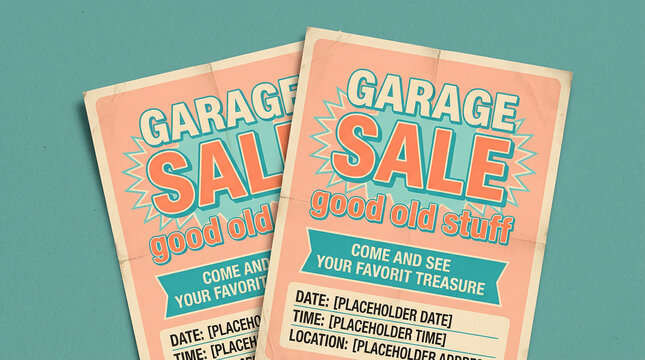 Vintage garage sale poster with retro font and color scheme, advertising good old stuff and treasures, symbolizing bargain hunting and community events