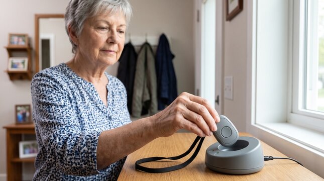 Senior woman docking a wearable alert pendant at home