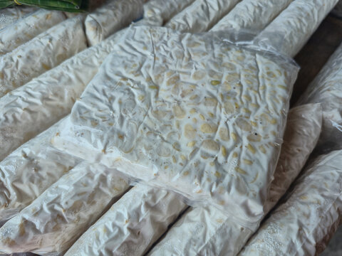 Raw Tempeh in Plastic Packaging Displayed at Market, Traditional Fermented Soybean Protein Food