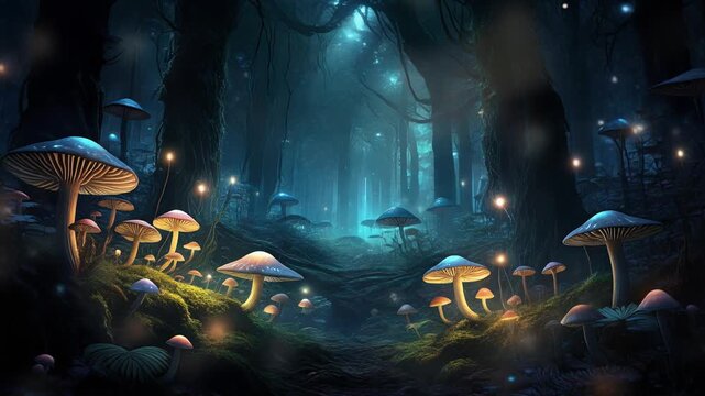 Magical glowing mushrooms in a dark enchanted forest at night with fireflies