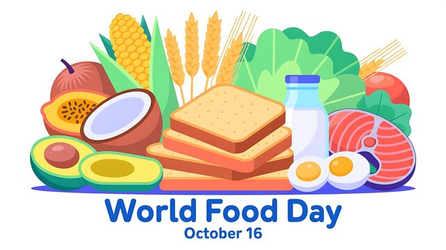 World food day illustration with various healthy food items like bread, milk, fruits, and vegetables