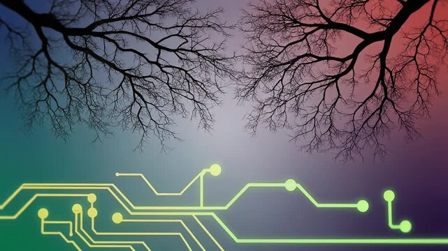 Technology and Nature Merging Digital Circuitry Meets Tree Branches Silhouette