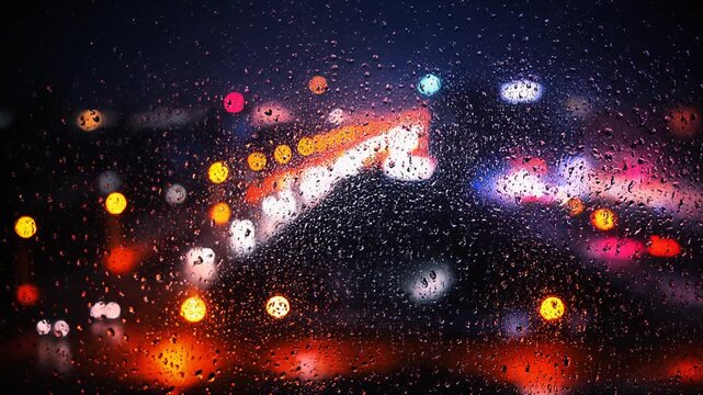 Night Cityscape with Raindrops on Window, Bokeh Lights, Bridge and Traffic Blur