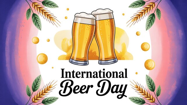 International beer day celebration with two clinking beer glasses surrounded by wheat stalks