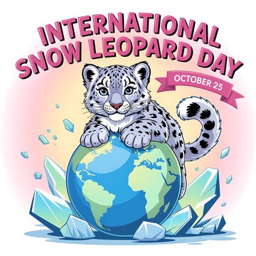 International snow leopard day illustration with a cute snow leopard cub sitting on a globe, october 25