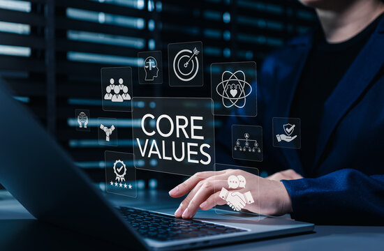 Core values and corporate culture concept. Businesswoman typing on laptop, showing ethics, teamwork, trust, leadership, communication, quality, employee engagement, purpose, business integrity