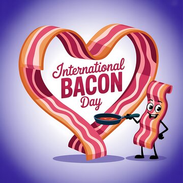 International bacon day celebration with a cute cartoon bacon strip character holding a frying pan