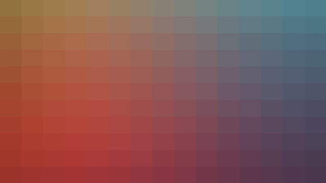 A sophisticated modern abstract background displaying a pixelated mosaic grid pattern with a captivating gradient transition from warm orange and red tones to cool blue and green hues,