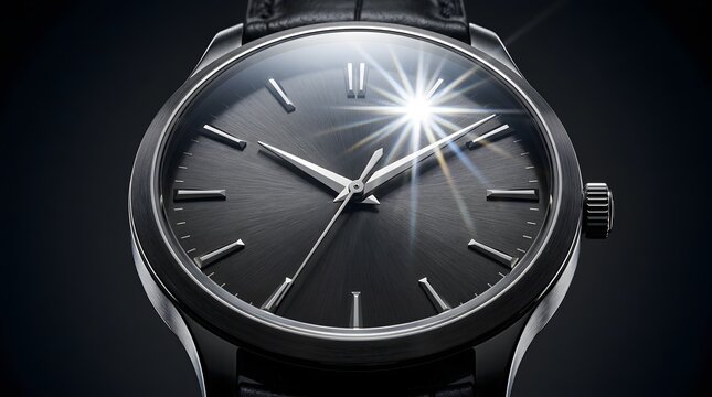 Luxury analog wristwatch with dark dial and metallic hands close up