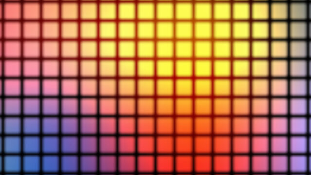 Modern abstract background featuring a blurred grid of square tiles with a captivating radial gradient, transitioning from a bright yellow-orange center to deep reds, pinks, and blues at the edges