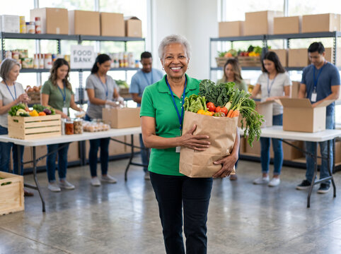 Smiling senior volunteer woman carrying a grocery donation bag at a community food bank, representing charity teamwork, nonprofit support, humanitarian aid and social responsibility.