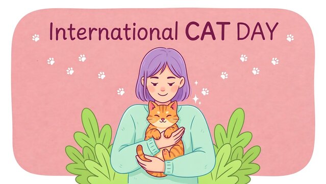 International cat day illustration of a woman hugging a cute ginger kitten