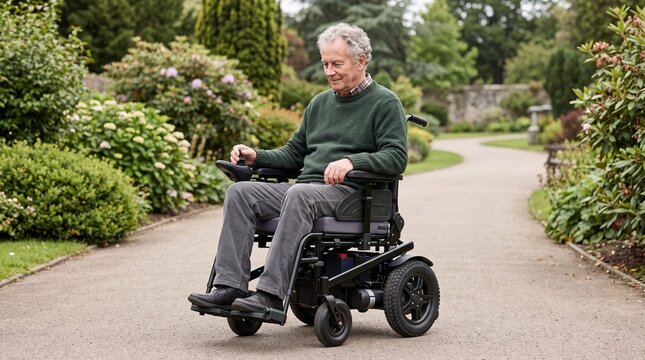 Older man using a powered wheelchair on a garden path