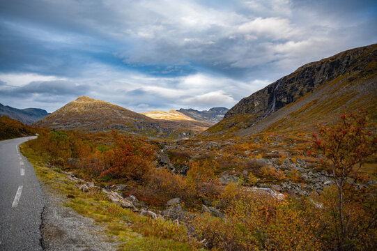 Rocky mountain slope with autumn vegetation in Trollstigen Norway