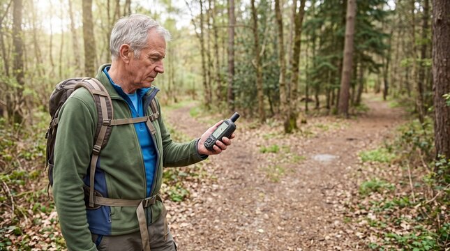 Older hiker checking a handheld navigation device at a trail junction