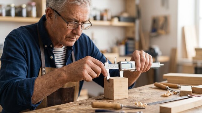Senior man measuring a wooden block with digital calipers