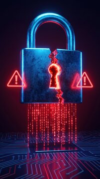 Open glowing metallic padlock cracked with red data streams and warning triangle icons. Concept of ransomware malware infection, cybersecurity data leak, and network defense vulnerability. 