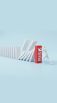 Anonymous figure holding red risk block to stop falling dominoes. Concept of risk management, problem solving, and corporate crisis intervention.