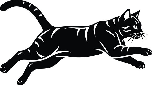 Black and white of a domestic cat leaping or pouncing forward, isolated on a white background