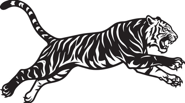 Black and white of a fierce tiger leaping forward with open jaws, isolated on a white background, for usage