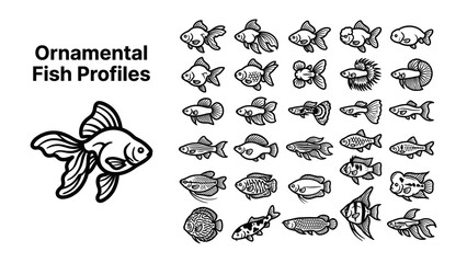 Obraz premium Ornamental Fish Collection: A compilation of diverse ornamental fish species, showcasing a variety of shapes, sizes, and fin types, presented as stylized profiles for artistic use.