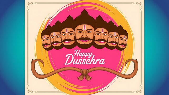 Happy dussehra greeting card design with tenheaded ravana illustration and bow