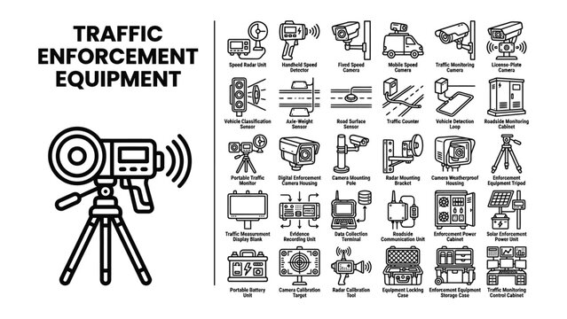 Traffic Enforcement Equipment Icons: A collection of line art icons depicting various traffic enforcement tools and technology, including speed detection devices, surveillance cameras.
