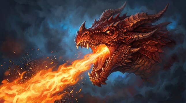 Red giant dragon breathing fire on dark background. Mythology creature portrait. Fantasy art. Generative AI