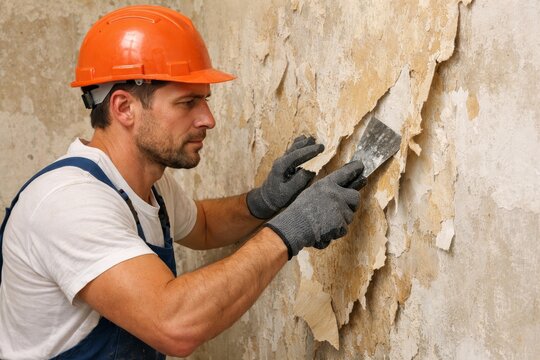 Construction worker removing old peeling wallpaper from interior wall for renovation repair and home improvement background