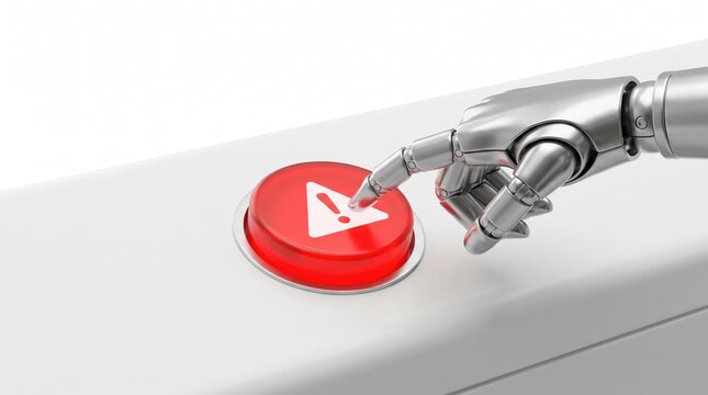 3d Robotic hand pressing a red warning control button isolated on white background with space. AI governance, automation risk, critical decisions, safety, compliance, responsible technology concept.
