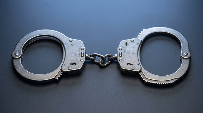 Metal Handcuffs Close-up on Dark Blue Background