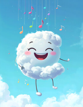Joyful cartoon cloud character with musical notes falling from sky vibrant colors fun illustration