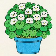 Obraz premium Cute cartoon flowers in a blue pot illustration