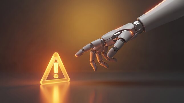 Artificial intelligence system alert concept with robotic hand touching glowing warning triangle representing automated error detection and cyber risk