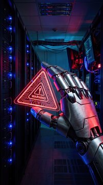 Automation hazards and future tech threats represented by a robot hand grasping a red caution symbol.