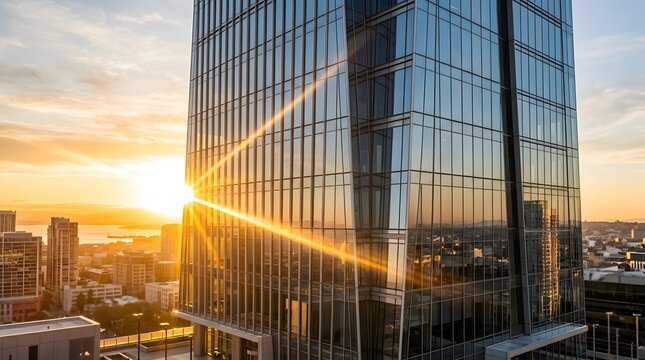 Modern glass skyscraper facade reflecting golden sunset light in city