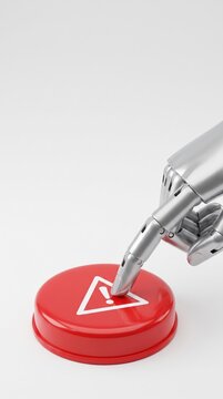 3d Robotic hand pressing a red warning control button isolated on white background with space. AI governance, automation risk, critical decisions, safety, compliance, responsible technology concept.