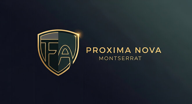 Logo featuring a shield with the letters 'FA' and text indicating 'Proxima Nova Montserrat'.