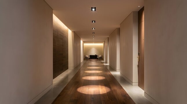 Modern hotel corridor interior with wooden floor and warm recessed spotlights casting circles of light