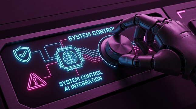 Robotic hand turning a control dial to align a digital artificial intelligence brain chip with a safety compliance shield, representing AI risk management
