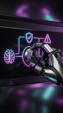 Robotic hand turning a control dial to align a digital artificial intelligence brain chip with a safety compliance shield, representing AI risk management