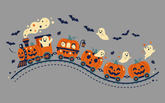 Cute cartoon halloween train with jack o lantern pumpkins and friendly ghosts flying with bats on gray background
