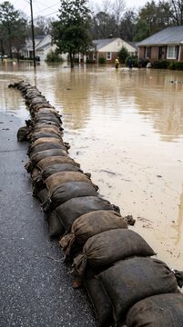 Close shot of flood Protection Sandbags with flooded homes in the background. - AI Generated