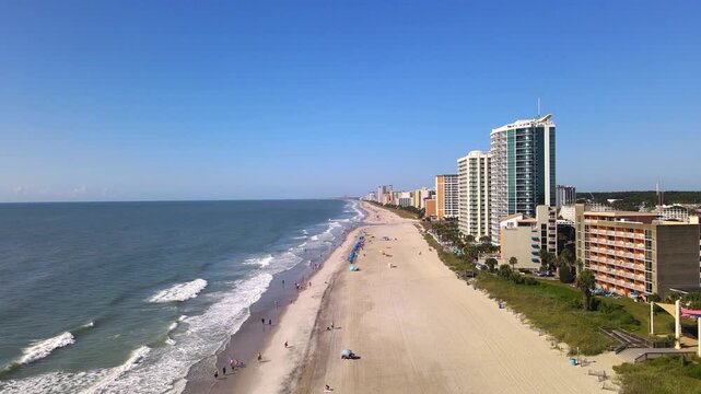 South Carolina shoreline unfolds between open Atlantic water and beachfront accommodation.
