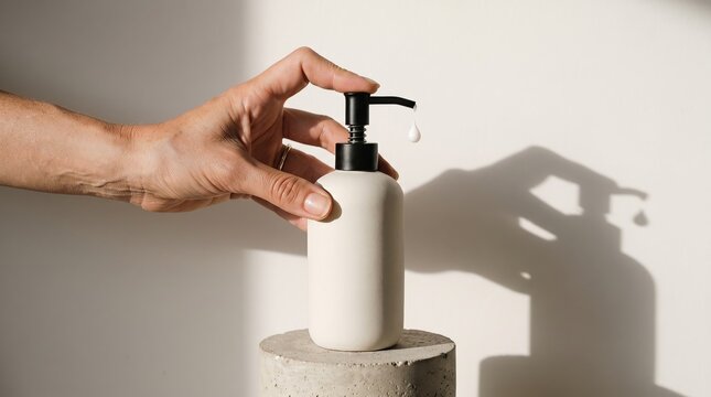 A hand presses the pump of a minimalist white bottle, dispensing liquid onto a concrete pedestal, casting a dramatic shadow on a plain wall.