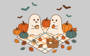 Fototapeta premium Cute cartoon ghosts having a cozy autumn picnic with pumpkins and falling leaves on a checkered blanket